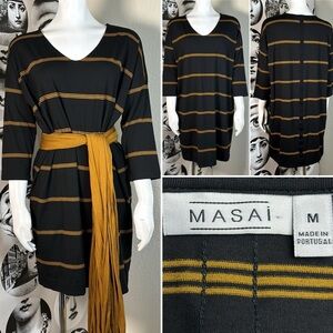 Masai Nebine Relaxed Fit Black Dress w/ Yellow Stripes & Scarf/Belt, Sz M